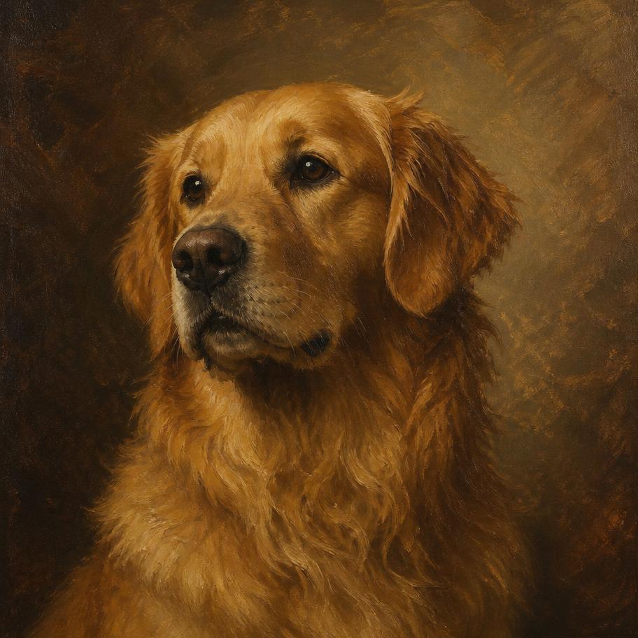Retrato al óleo personalizado de perro golden retriever sobre fondo cálido
